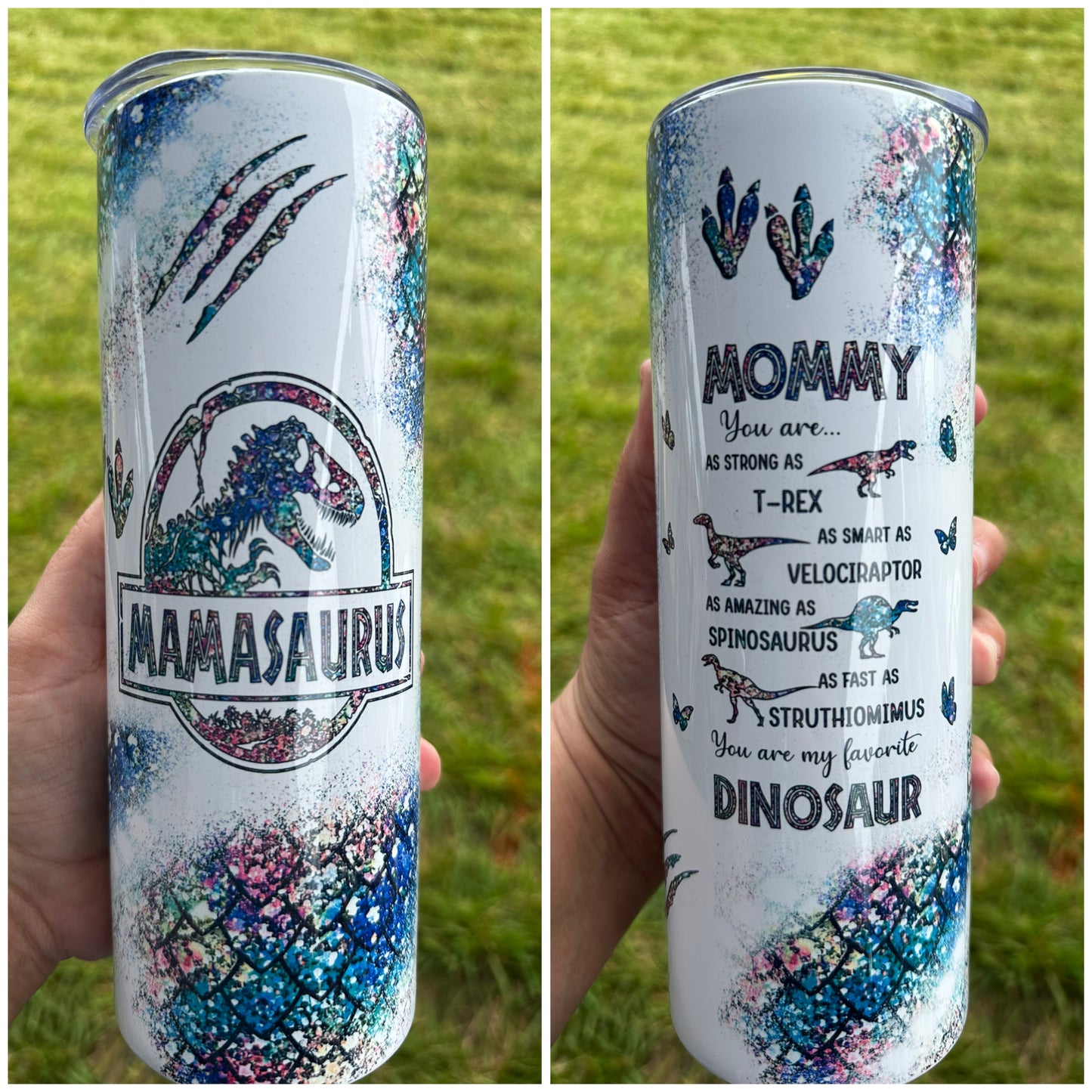 RTS- 20oz Tumbler or Soda Can- Mamasaurus Glitter Tumbler