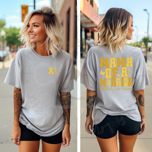 Mama of a Warrior Childhood Cancer Awareness Bow Tee or Crewneck