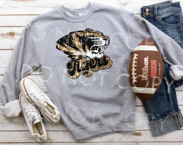 Tiger Glitter Faux Embroidery Tee or Crewneck